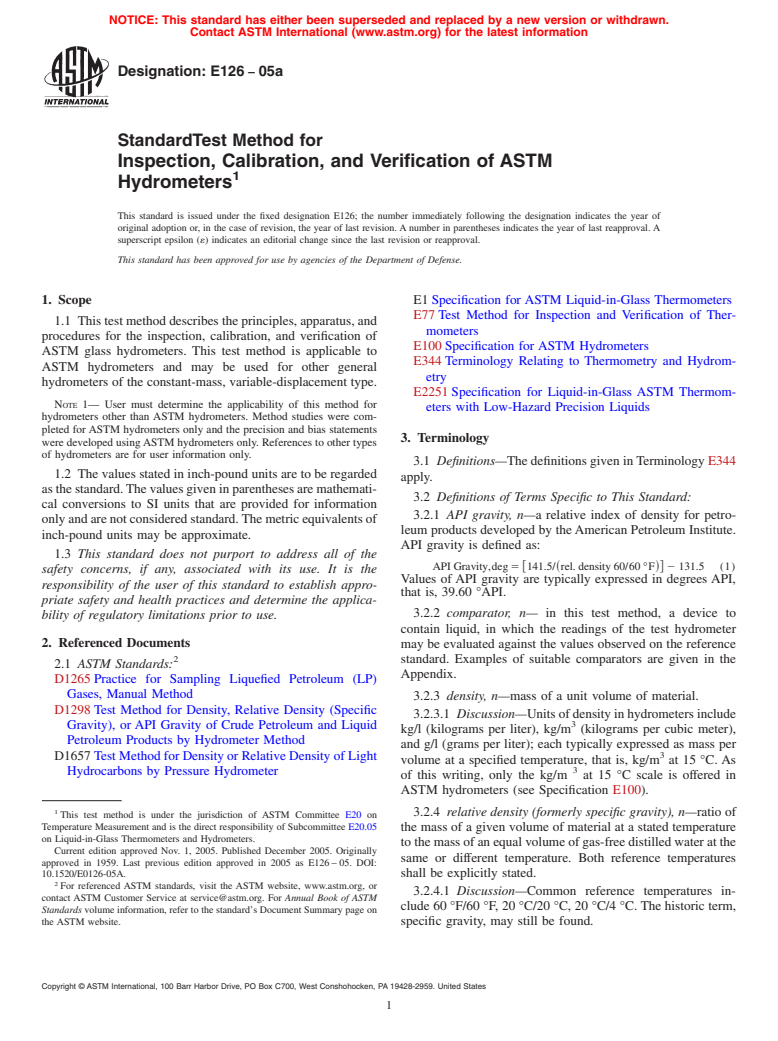 ASTM E126-05a - Standard Test Method for Inspection, Calibration, and Verification of ASTM Hydrometers