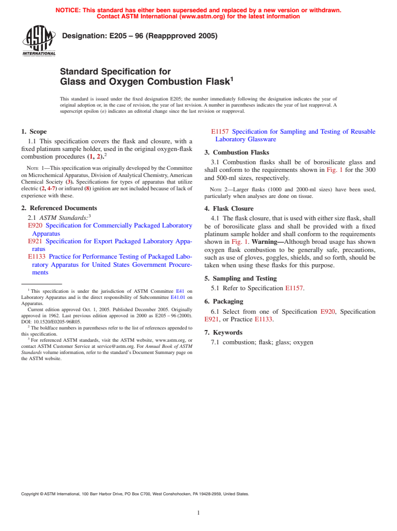 ASTM E205-96(2005) - Standard Specification for Glass and Oxygen Combustion Flask