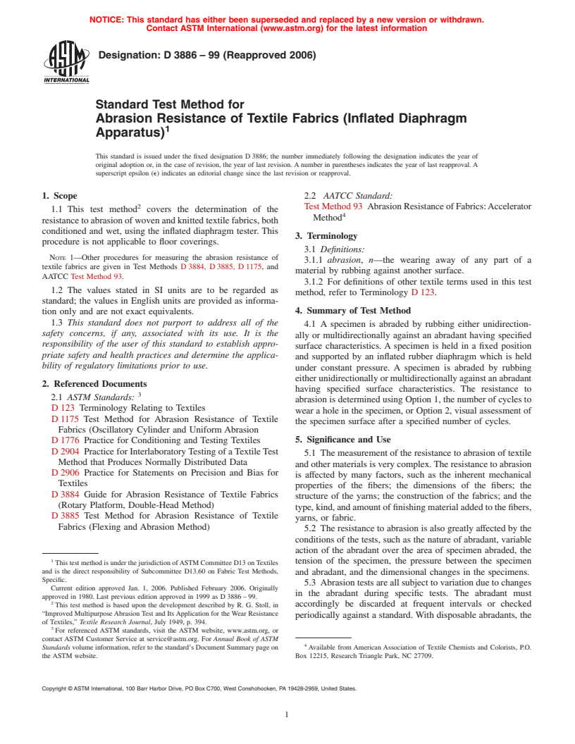 ASTM D3886-99(2006) - Standard Test Method for Abrasion Resistance of Textile Fabrics (Inflated Diaphragm Method)