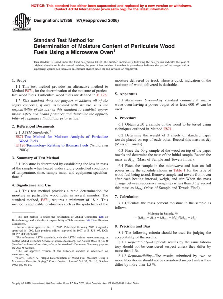 ASTM E1358-97(2006) - Standard Test Method for Determination of Moisture Content of Particulate Wood Fuels Using a Microwave Oven