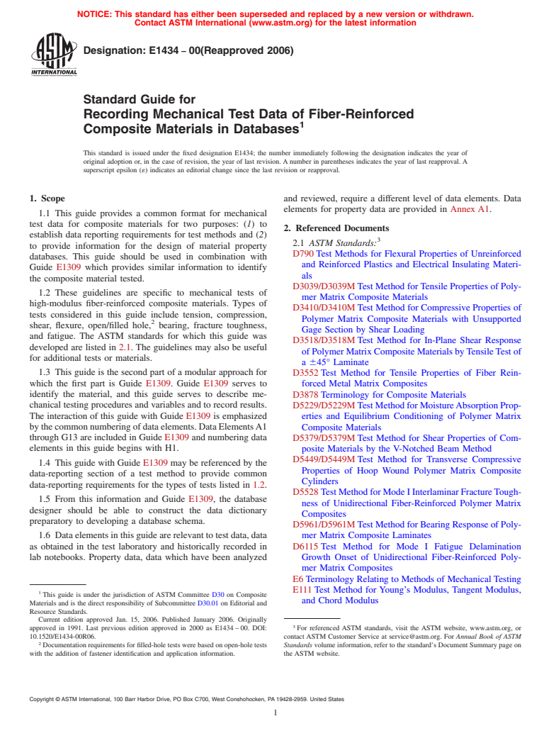 ASTM E1434-00(2006) - Standard Guide for Recording Mechanical Test Data of Fiber-Reinforced Composite Materials in Databases