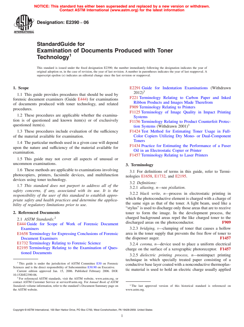 ASTM E2390-06 - Standard Guide for Examination of Documents Produced with Toner Technology (Withdrawn 2015)