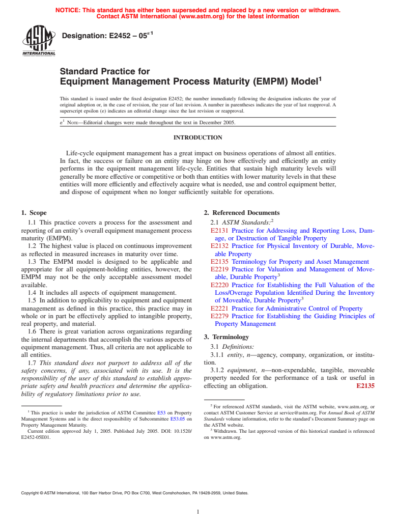 ASTM E2452-05e1 - Standard Practice for Equipment Management Process Maturity (EMPM) Model