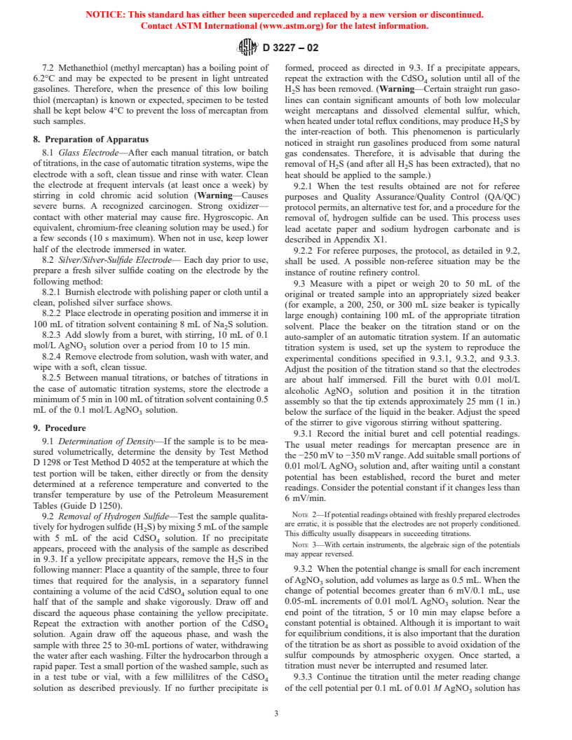 ASTM D3227-02 - Standard Test Method for (Thiol Mercaptan) Sulfur in Gasoline, Kerosine, Aviation Turbine, and Distillate Fuels (Potentiometric Method)