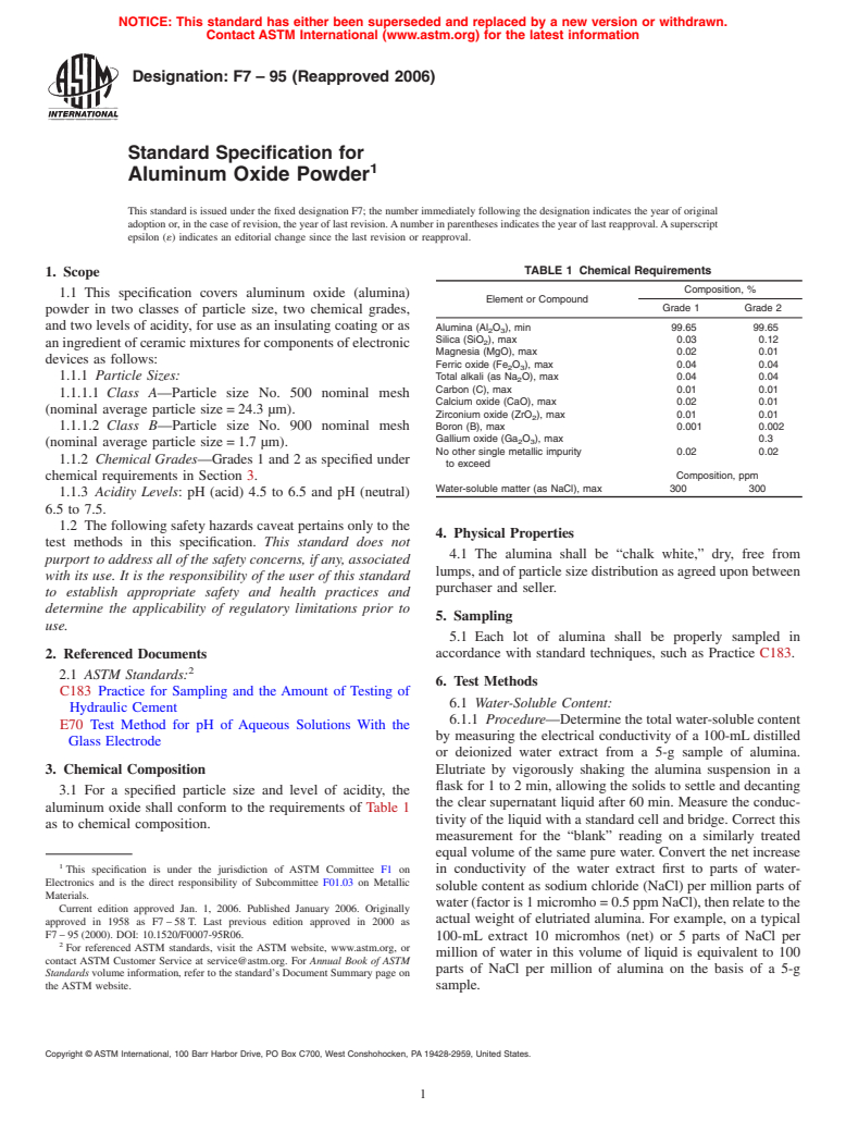 ASTM F7-95(2006) - Standard Specification for Aluminum Oxide Powder