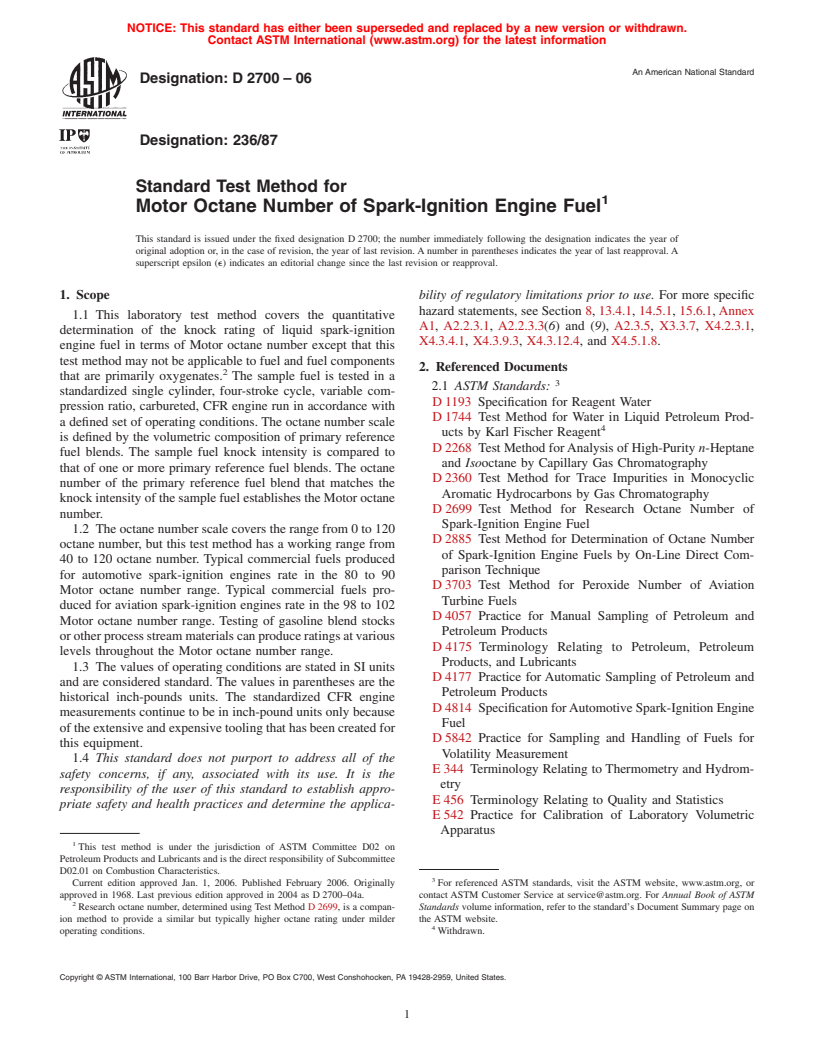 ASTM D2700-06 - Standard Test Method for Motor Octane Number of Spark-Ignition Engine Fuel