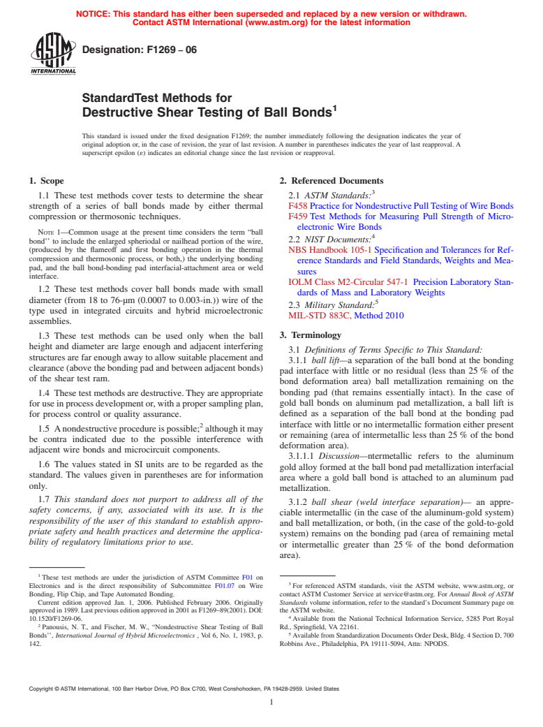 ASTM F1269-06 - Test Methods for Destructive Shear Testing of Ball Bonds