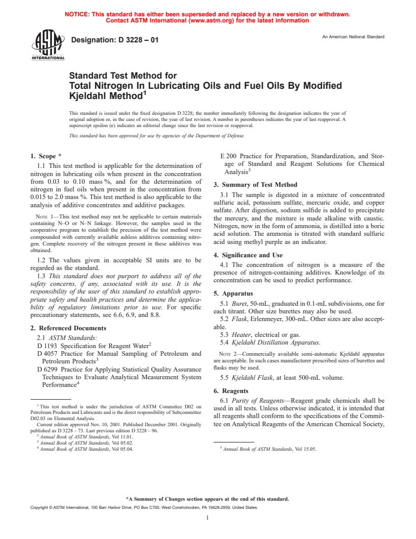 ASTM D3228-01 - Standard Test Method for Total Nitrogen In Lubricating Oils and Fuel Oils By Modified Kjeldahl Method