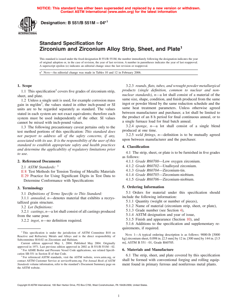 ASTM B551/B551M-04e1 - Standard Specification for Zirconium and Zirconium Alloy Strip, Sheet, and Plate