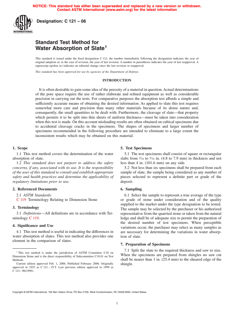 ASTM C121-06 - Standard Test Method for Water Absorption of Slate