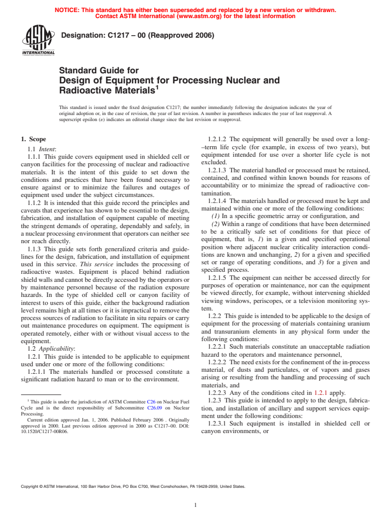 ASTM C1217-00(2006) - Standard Guide for Design of Equipment for Processing Nuclear and Radioactive Materials