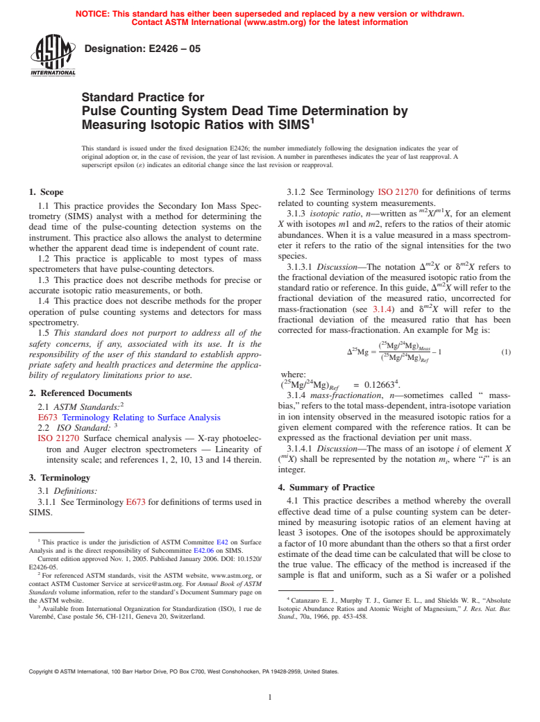 ASTM E2426-05 - Standard Practice for Pulse Counting System Dead Time Determination by Measuring Isotopic Ratios with SIMS