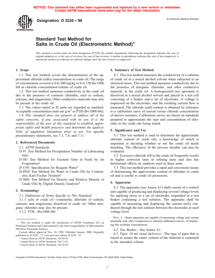 ASTM D3230-99 - Standard Test Method for Salts in Crude Oil (Electrometric Method)