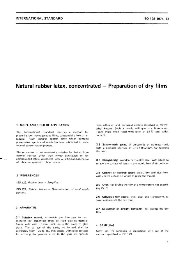 ISO 498:1974 - Natural rubber latex, concentrated -- Preparation of dry films