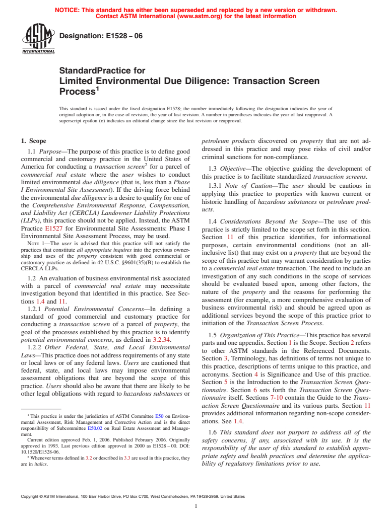 ASTM E1528-06 - Standard Practice for Limited Environmental Due Diligence: Transaction Screen Process