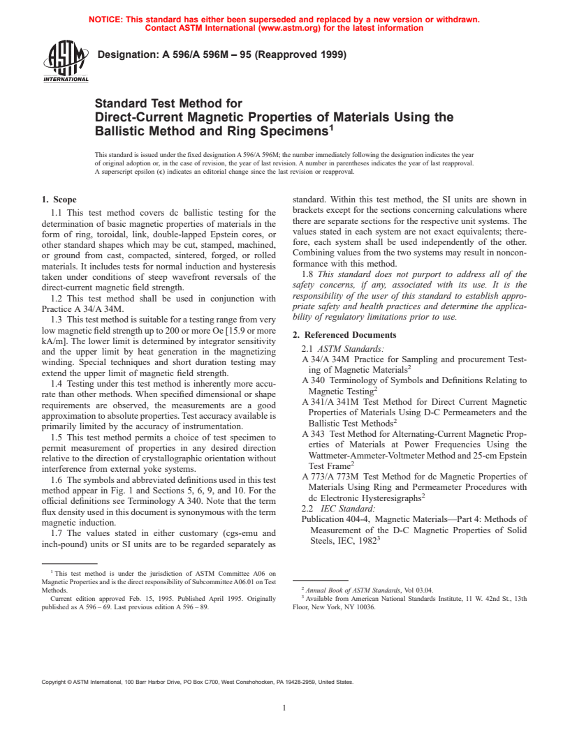 ASTM A596/A596M-95(1999) - Standard Test Method for Direct-Current Magnetic Properties of Materials Using the Ballistic Method and Ring Specimens