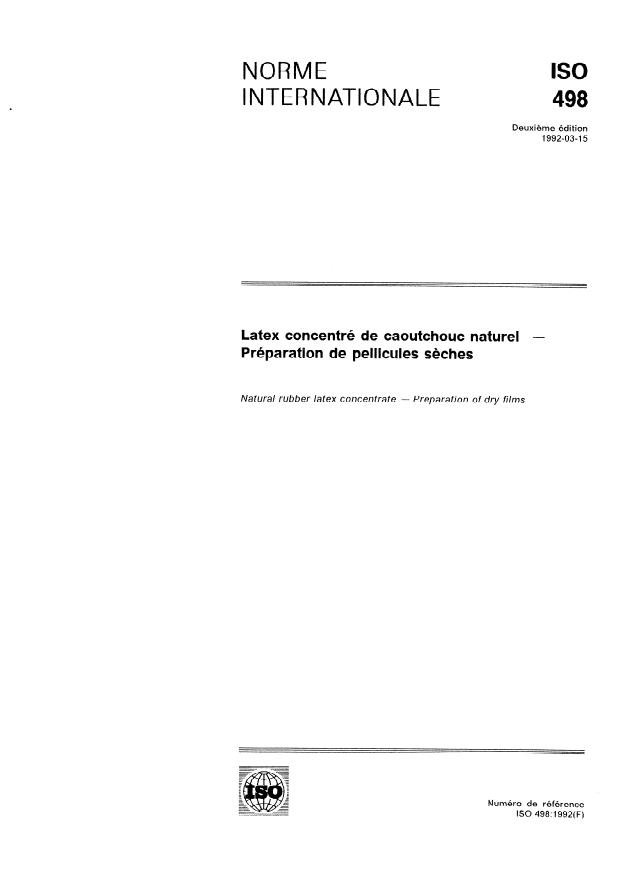 ISO 498:1992 - Latex concentré de caoutchouc naturel -- Préparation de pellicules seches