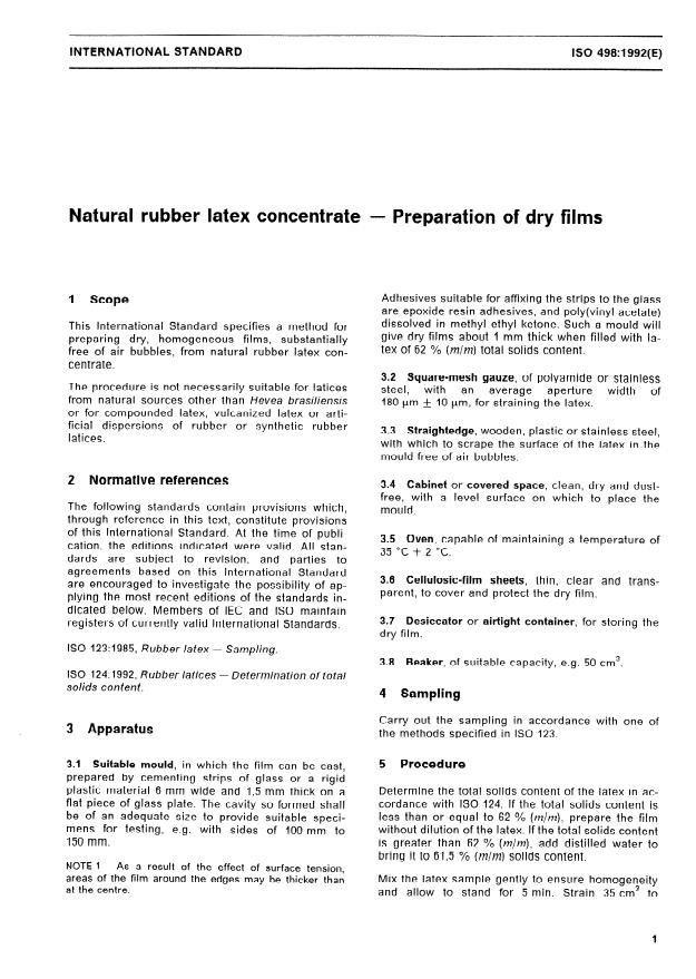 ISO 498:1992 - Natural rubber latex concentrate -- Preparation of dry films