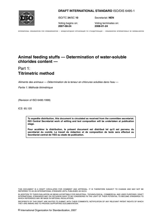ISO/PWI 6495-1 - Animal feeding stuffs -- Determination of water-soluble chlorides content