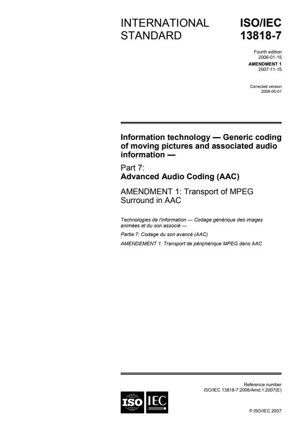 ISO/IEC 13818-7:2006/Amd 1:2007 - Transport of MPEG Surround in AAC