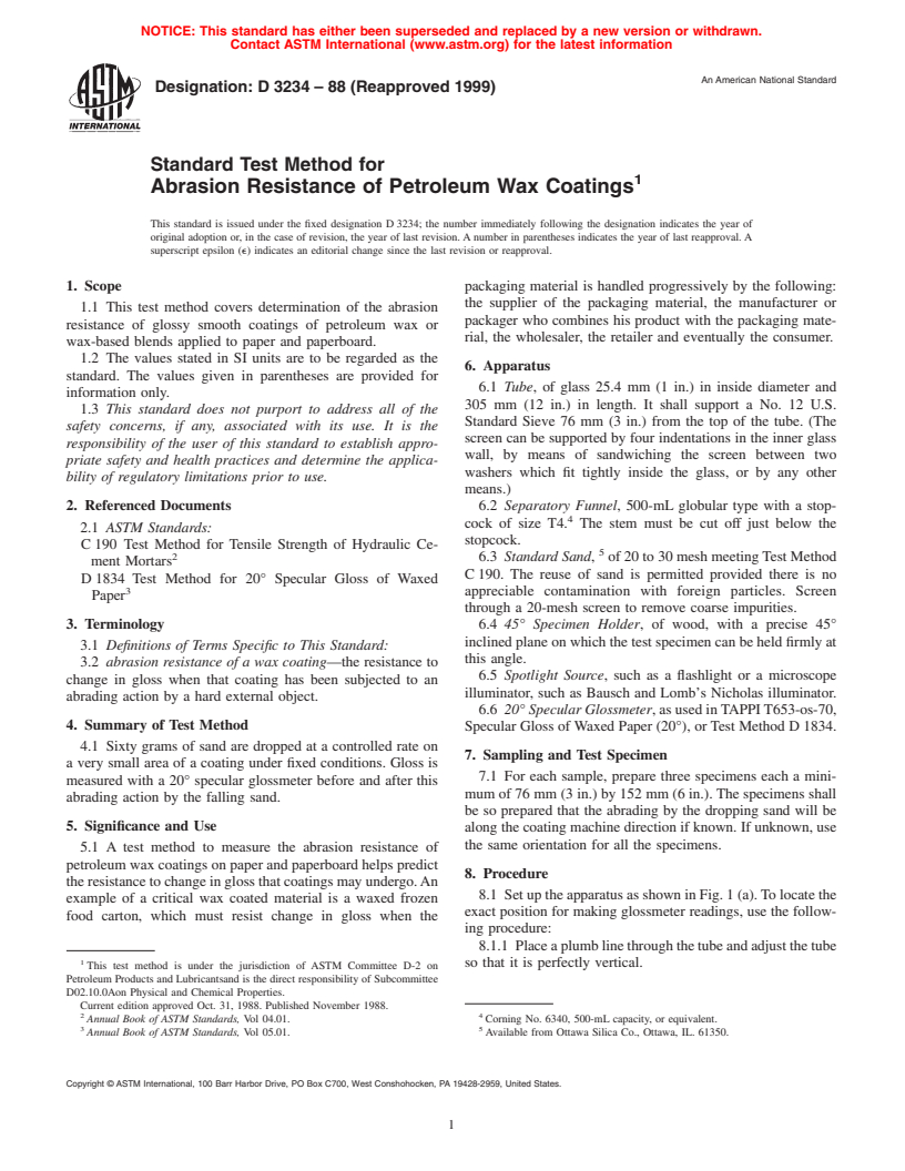 ASTM D3234-88(1999) - Standard Test Method for Abrasion Resistance of Petroleum Wax Coatings (Withdrawn 2004)