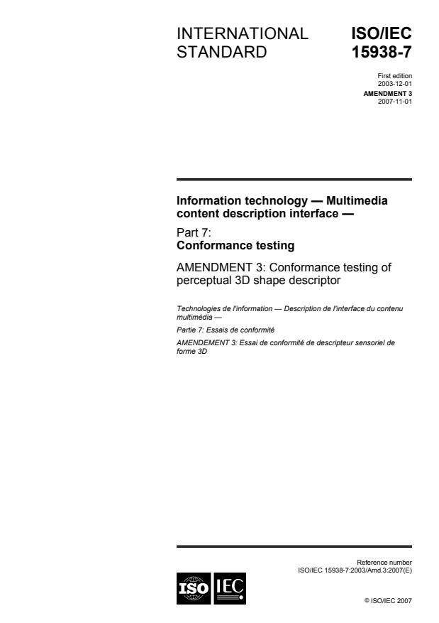 ISO/IEC 15938-7:2003/Amd 3:2007 - Conformance testing of perceptual 3D shape descriptor