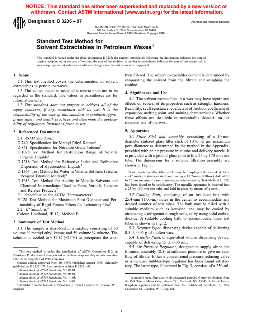 ASTM D3235-97 - Standard Test Method for Solvent Extractables in Petroleum Waxes