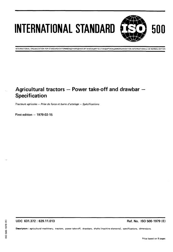 ISO 500:1979 - Agricultural tractors -- Power take-off and drawbar -- Specification