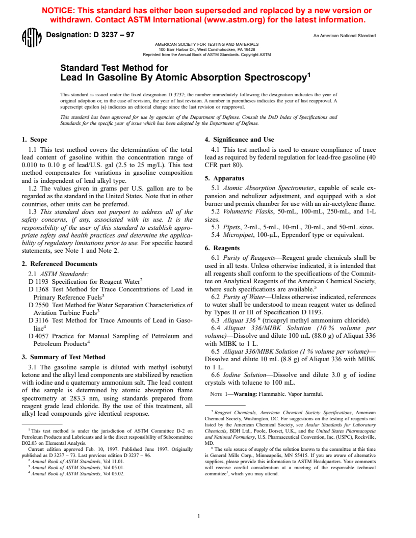 ASTM D3237-97 - Standard Test Method for Lead In Gasoline By Atomic Absorption Spectroscopy