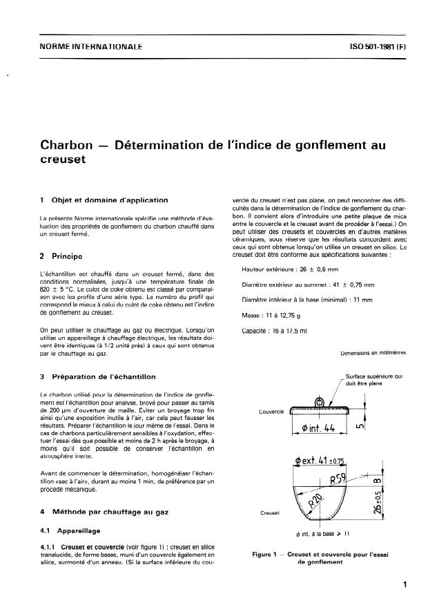ISO 501:1981 - Charbon -- Détermination de l'indice de gonflement au creuset