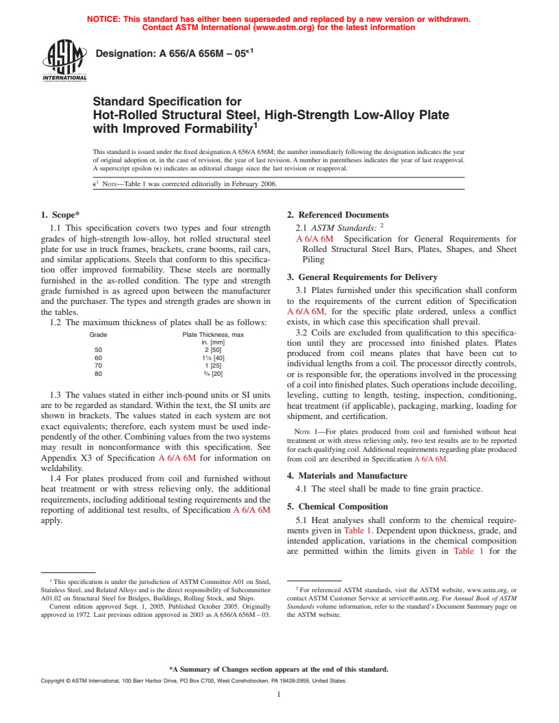 ASTM A656/A656M-05e1 - Standard Specification for Hot-Rolled Structural Steel, High-Strength Low-Alloy Plate with Improved Formability
