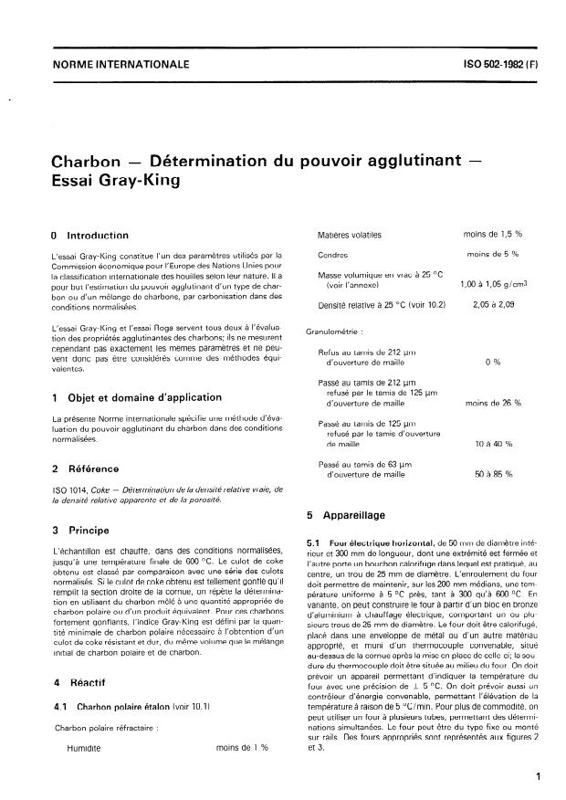 ISO 502:1982 - Charbon -- Détermination du pouvoir agglutinant -- Essai Gray-King