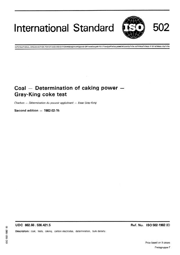 ISO 502:1982 - Coal -- Determination of caking power -- Gray-King coke test