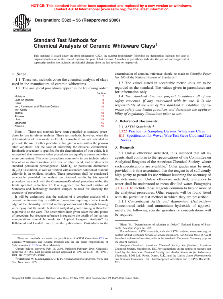 ASTM C323-56(2006) - Standard Test Methods for Chemical Analysis of Ceramic Whiteware Clays