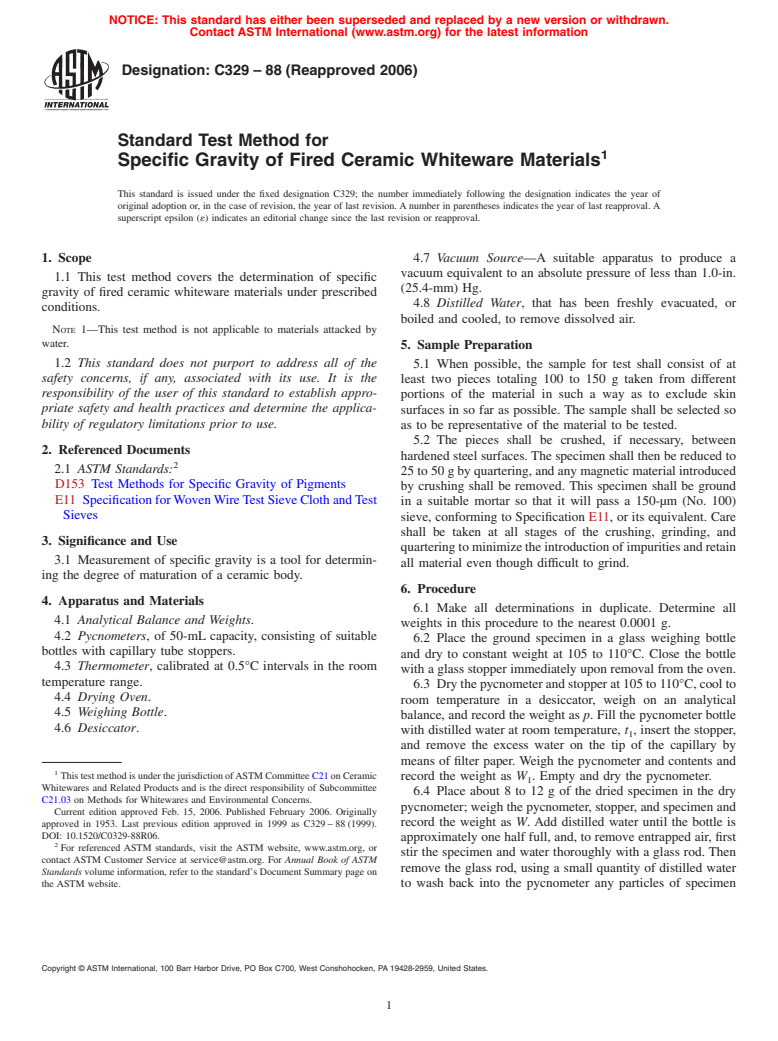 ASTM C329-88(2006) - Standard Test Method for Specific Gravity of Fired Ceramic Whiteware Materials