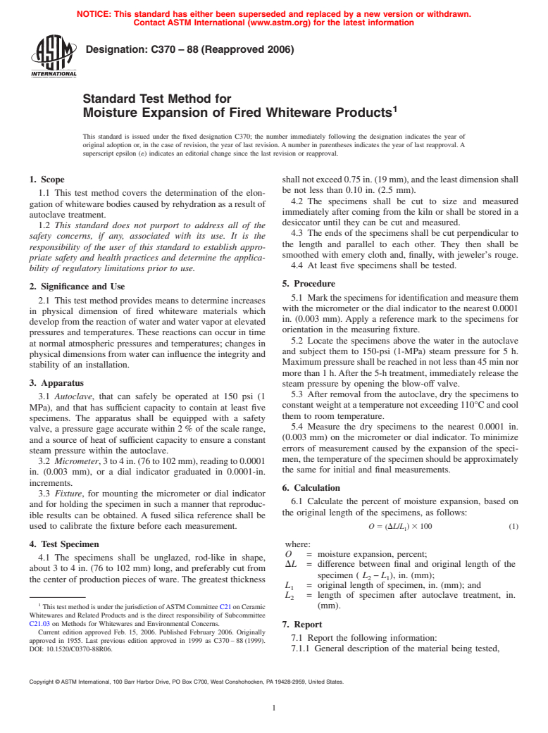 ASTM C370-88(2006) - Standard Test Method for Moisture Expansion of Fired Whiteware Products