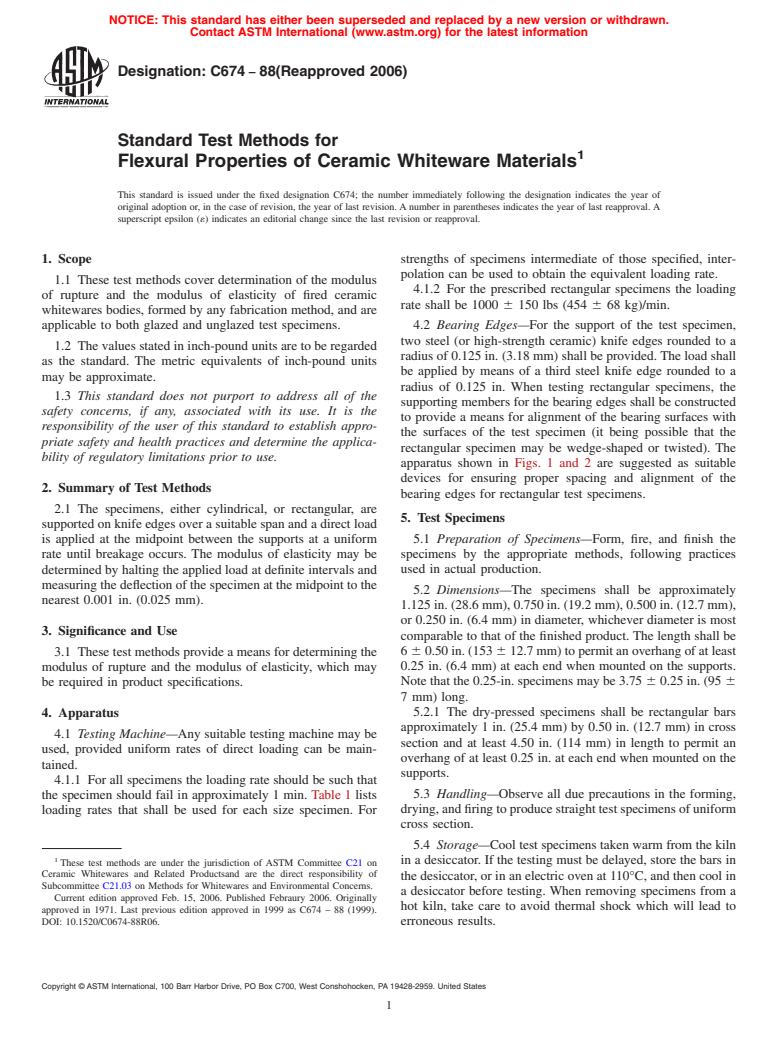 ASTM C674-88(2006) - Standard Test Methods for Flexural Properties of Ceramic Whiteware Materials