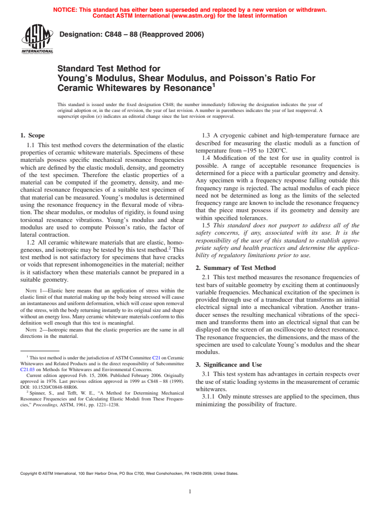 ASTM C848-88(2006) - Standard Test Method for Young's Modulus, Shear Modulus, and Poisson's Ratio For Ceramic Whitewares by Resonance