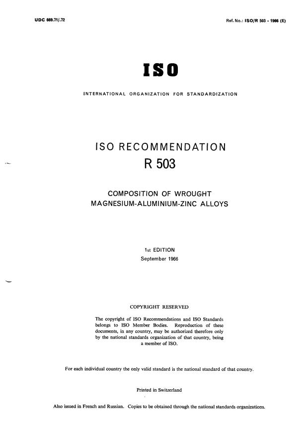 ISO/R 503:1966 - Composition of wrought magnesium-aluminium- zinc alloys