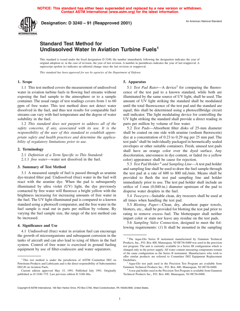 ASTM D3240-91(2001) - Standard Test Method for Undissolved Water In Aviation Turbine Fuels