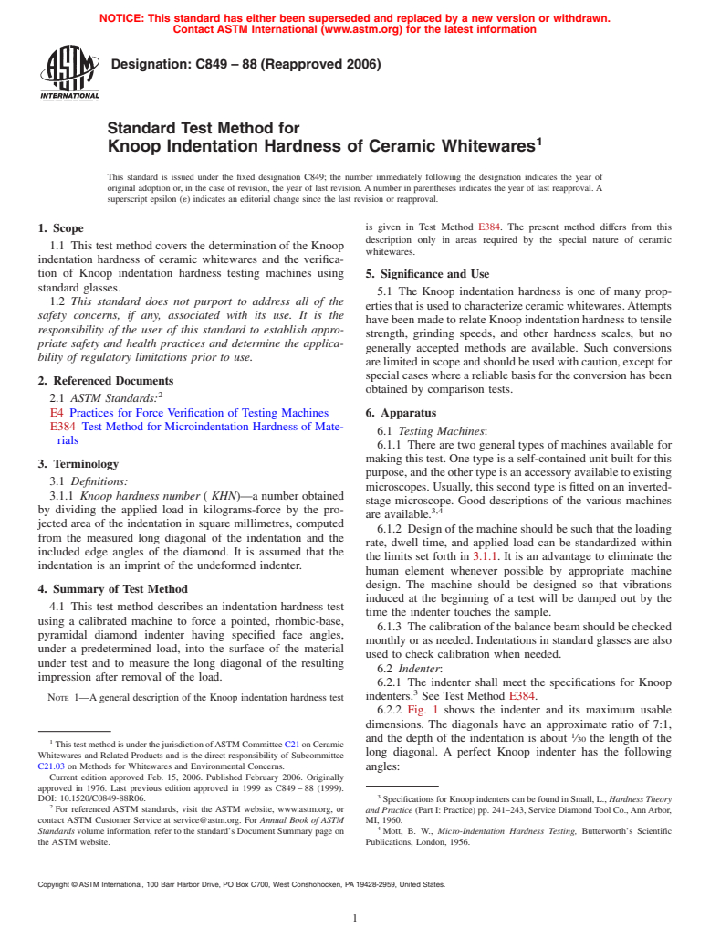 ASTM C849-88(2006) - Standard Test Method for Knoop Indentation Hardness of Ceramic Whitewares