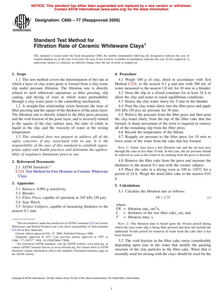 ASTM C866-77(2006) - Standard Test Method for Filtration Rate of Ceramic Whiteware Clays