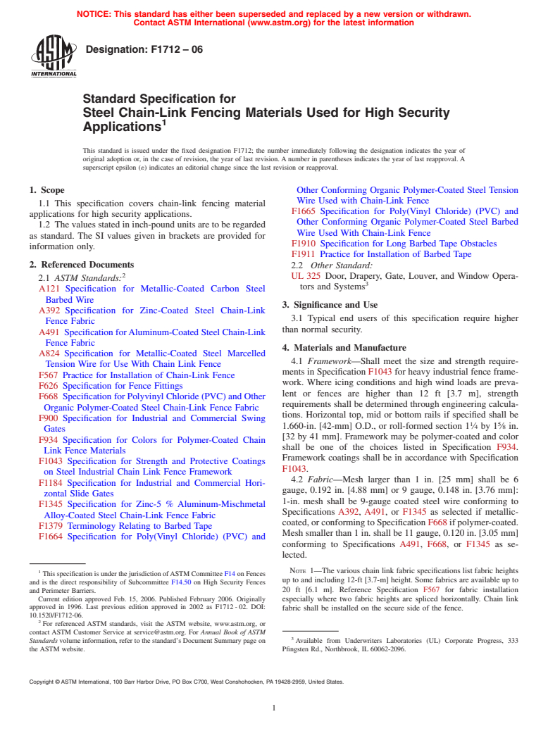 ASTM F1712-06 - Standard Specification for Steel Chain-Link Fencing Materials Used for High Security Applications