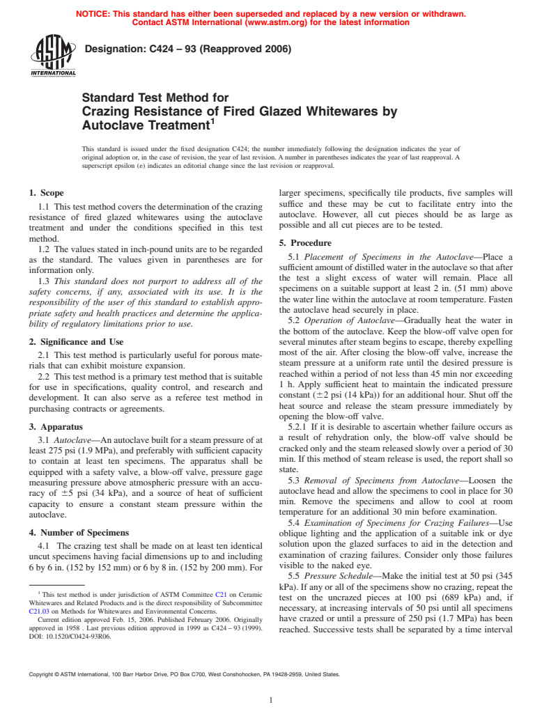 ASTM C424-93(2006) - Standard Test Method for Crazing Resistance of Fired Glazed Whitewares by Autoclave Treatment