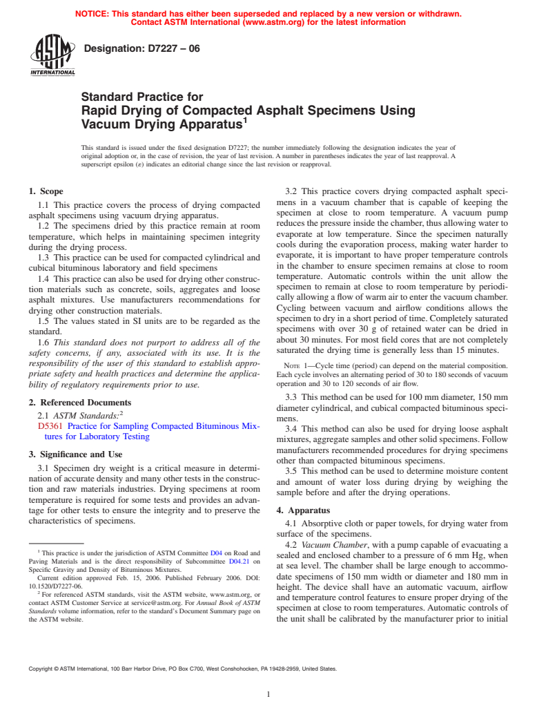 ASTM D7227-06 - Standard Practice for Rapid Drying of Compacted Asphalt Specimens Using Vacuum Drying Apparatus