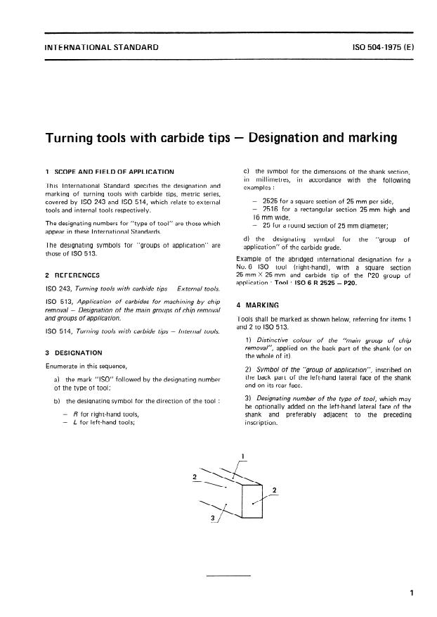 ISO 504:1975 - Turning tools with carbide tips -- Designation and marking