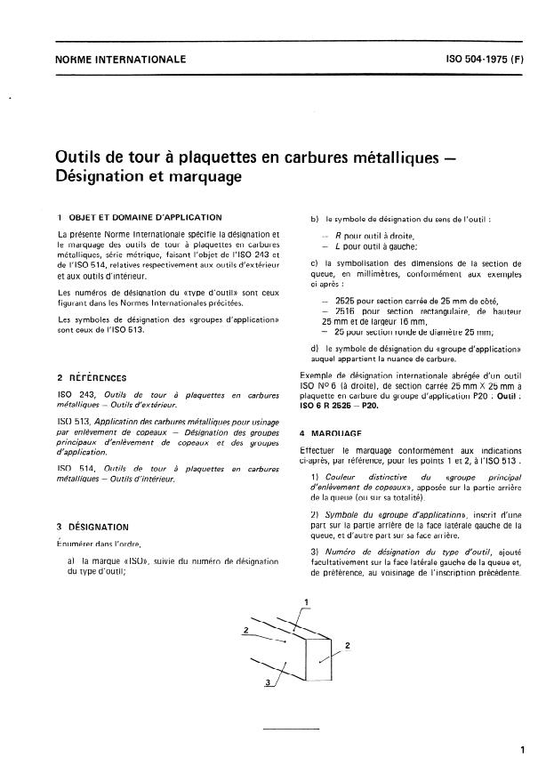 ISO 504:1975 - Outils de tour a plaquettes en carbures métalliques -- Désignation et marquage