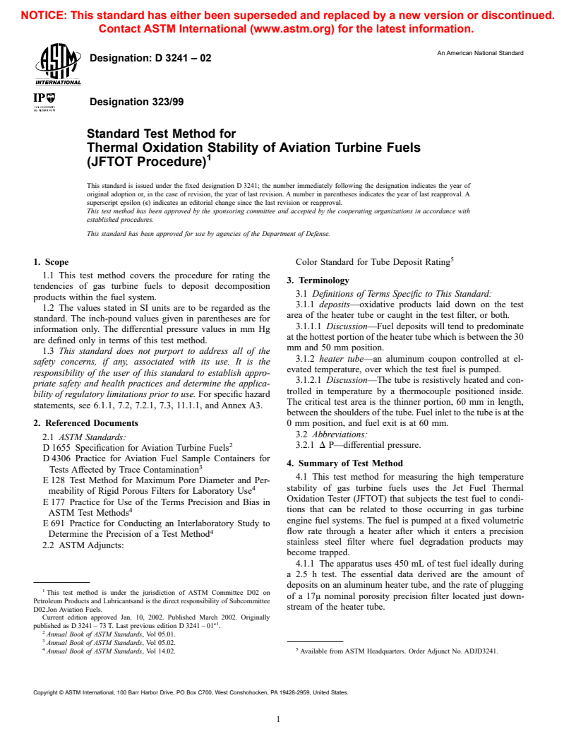 ASTM D3241-02 - Standard Test Method for Thermal Oxidation Stability of Aviation Turbine Fuels (JFTOT Procedure)