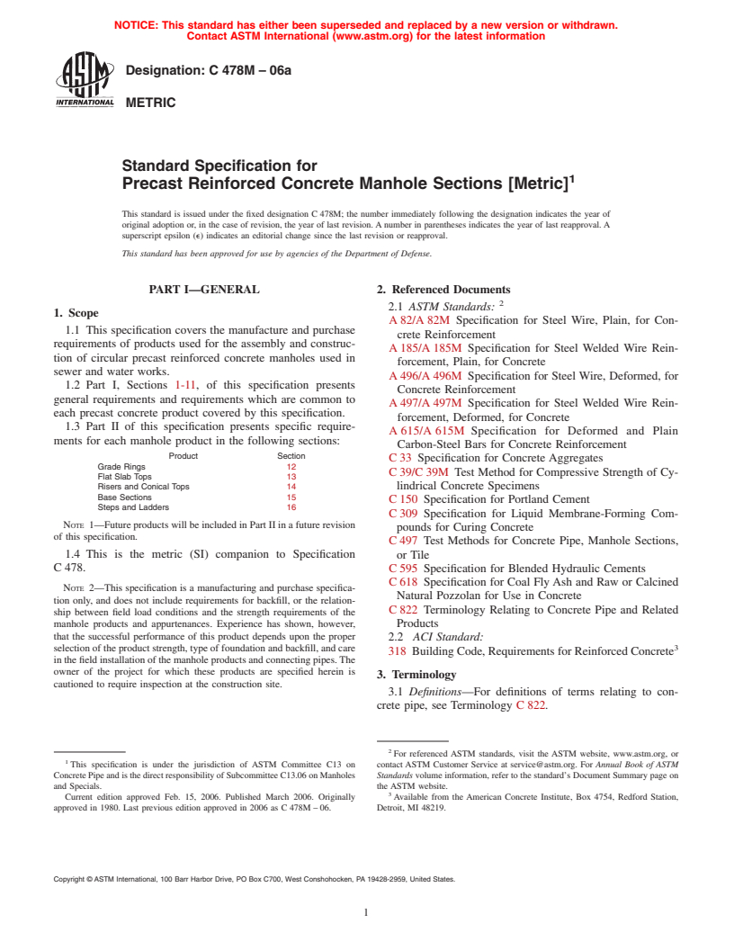 ASTM C478M-06a - Standard Specification for Precast Reinforced Concrete Manhole Sections [Metric]