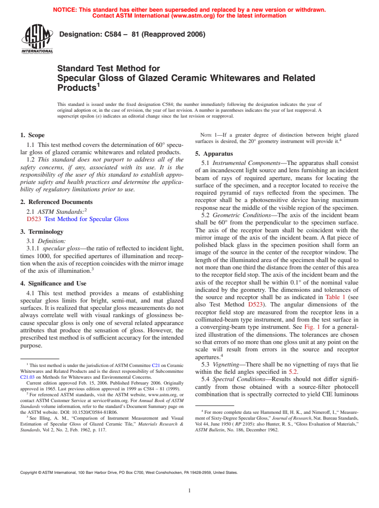 ASTM C584-81(2006) - Standard Test Method for Specular Gloss of Glazed Ceramic Whitewares and Related Products